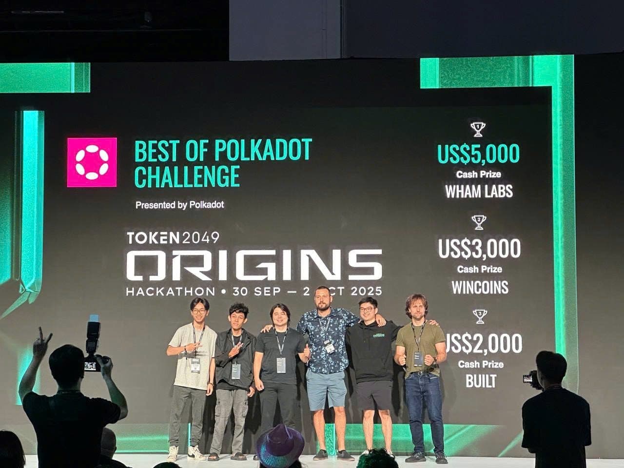 Team on stage receiving Best of Polkadot at TOKEN2049 ORIGINS